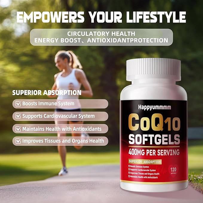 CoQ10-400mg-Softgels with PQQ, BioPerine & Omega-3, Coenzyme Q10(Ubiquinone) Supplement for High-Absorption, Powerful-Antioxidant, Support Heart & Energy-Production, 120 Servings.