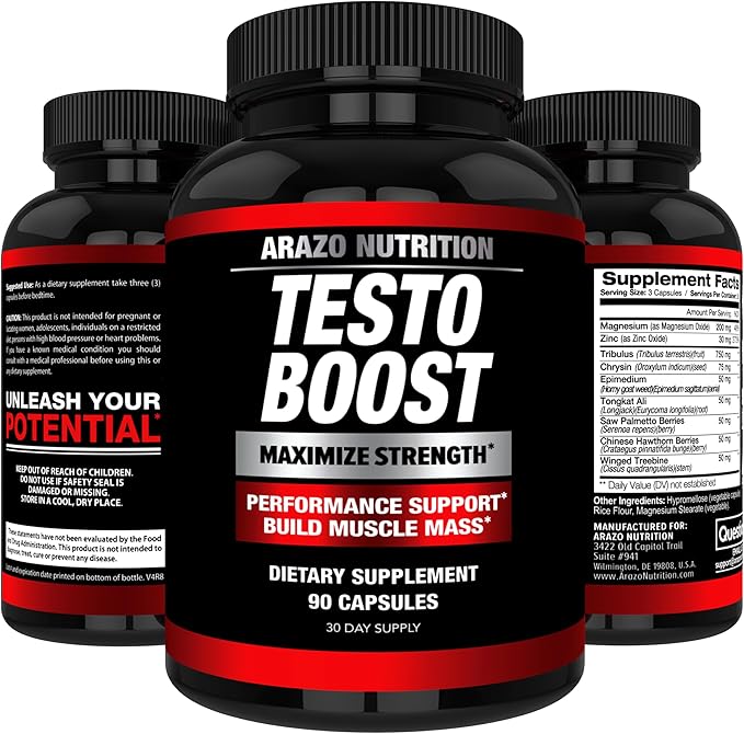 Arazo Nutrition TestoBoost Test Booster Supplement - Potent & Natural Herbal Pills - Boost Muscle Growth - Tribulus, Epimedium, Hawthorn, Zinc, Minerals