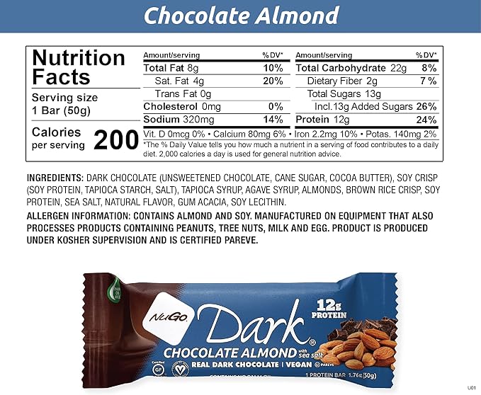 NuGo Dark Chocolate Almond with Sea Salt, 12g Protein Bar, Vegan, Gluten Free, Non-GMO, Kosher Pareve, 24 Count