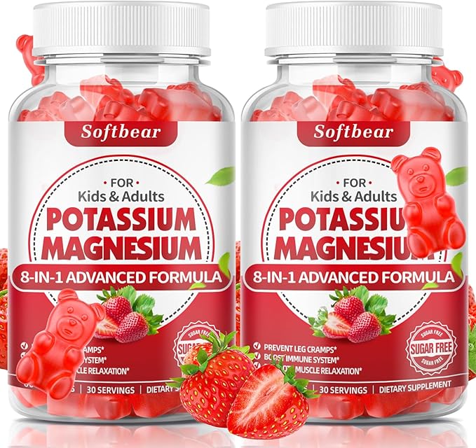 softbear Potassium Gummies for Adults, High Absorption Magnesium Potassium Supplement with Vitamin B6 for Leg Cramps & Muscle Health Sugar-Free Vegan Strawberry 120 Gummies