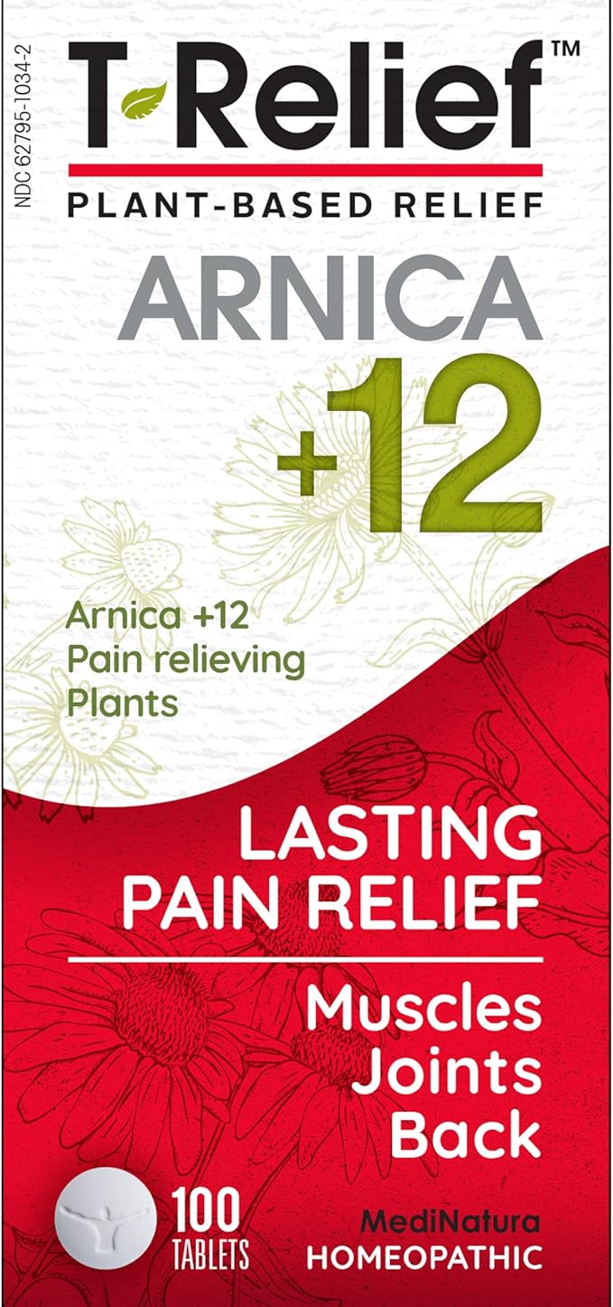 T-Relief Arnica +12 Natural Relieving Actives for Back Pain Joint Soreness Muscle Aches & Stiffness Whole Body Fast-Acting Relief for Women & Men - 100 Tablets