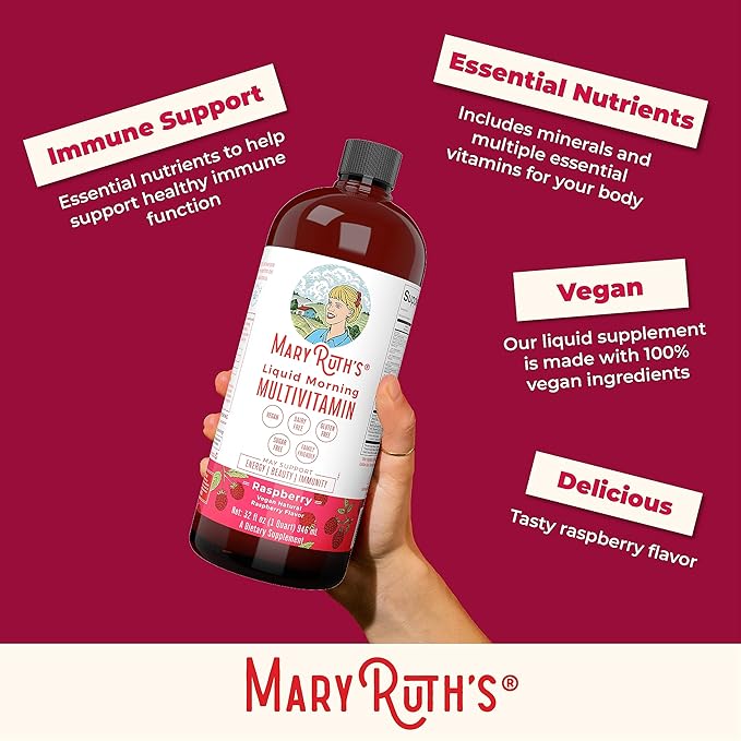 MaryRuth Organics Multivitamin for Women Men & Kids No Added Sugar | Morning Raspberry | Liquid Vitamins for Adults & Kids | Mens | Womens Multivitamin | Energy & Beauty Booster | 16-1 Fl Oz Bottles