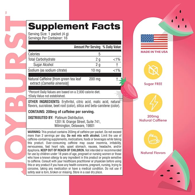 Joyburst Energy Drink Mix, Natural Caffeine (200mg) for Sustained, Jitter Free Energy, On-the-Go Natural Energy Drink Powder, Sugar Free - 16 x 4g Energy Sticks (Frose Rose)