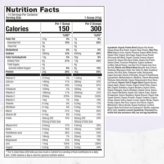 Purely Inspired All-in-One Vegan Protein Powder for Men & Women, Decadent Chocolate (14 Servings) - Plant-Based Organic Protein Powder for Shakes & Smoothies - Gluten-Free Nutritional Meal Replacement