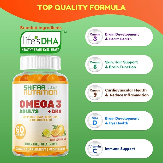 Vegan Omega 3 Gummies for Adults | No Fish Oil Burps | 60 Gummies | Plant Based w/Chia Oil, Algae | Omega 3 6 9 w/DHA, Vitamin C | for Brain, Cardiovascular & Immune Support Halal