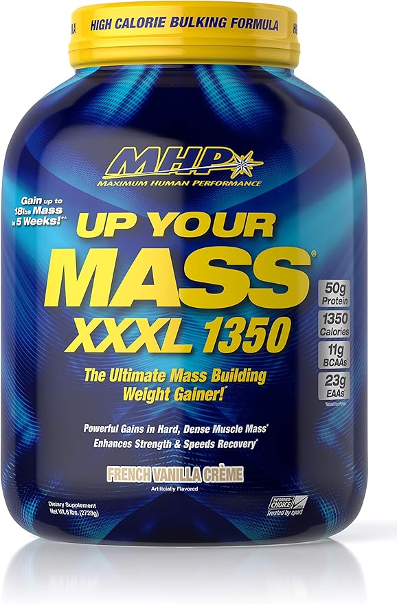 Maximum Human Performance MHP UYM XXXL 1350 Mass Building Weight Gainer, Muscle Mass Gains, w/50g Protein, High Calories, 11g BCAAs, Leucine, French Vanilla Creme, 8 Servings
