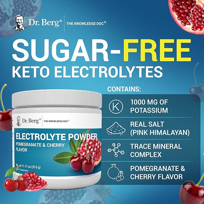 Dr. Berg Zero Sugar Hydration Keto Electrolyte Powder - Enhanced w/ 1000 mg of Potassium & Real Pink Himalayan Salt (NOT Table Salt) - Pomegranate and Cherry Hydration Drink Supplement - 50 Servings