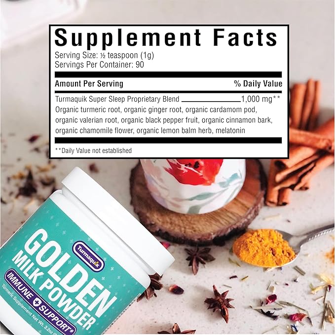 Turmaquik Organic Golden Milk Turmeric Powder, Immune Support + Superfood Blend of Ginger, Black Pepper, Curcumin, Cinnamon, Cardamom + Vitamins C, D, B6, B12, Zinc (3.2 Ounce)