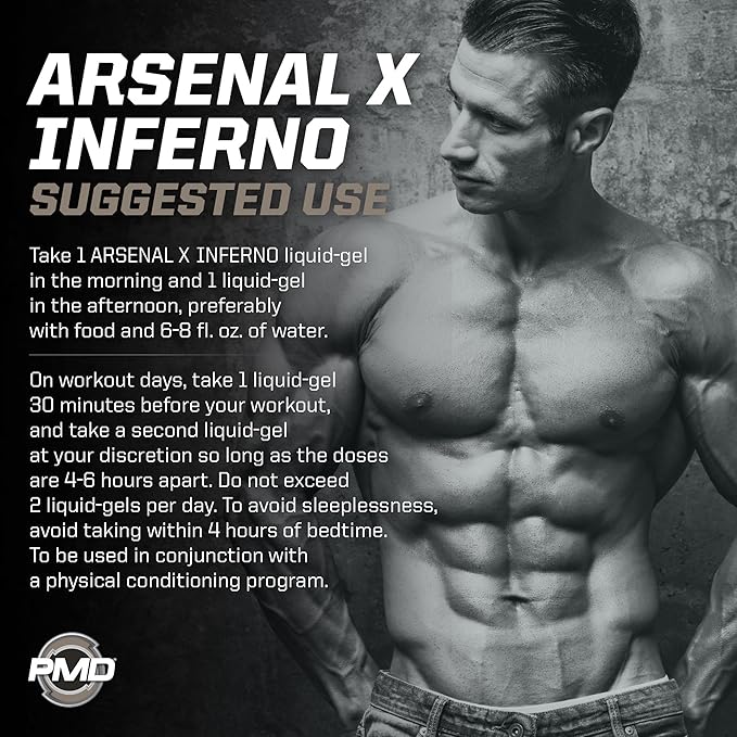 PMD Sports Arsenal X Inferno Superior Fast-Acting Liquid Gel Thermogenic Dietary Supplement - Fat Burner and Muscle Maintenance - Increase Metabolism and Energy Booster - 120 Liquid Gels