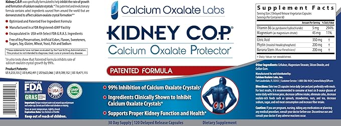 Kidney COP Calcium Oxalate Protector 120 Capsules, Patented Kidney Support for Calcium Oxalate Crystals, Stop Recurrence