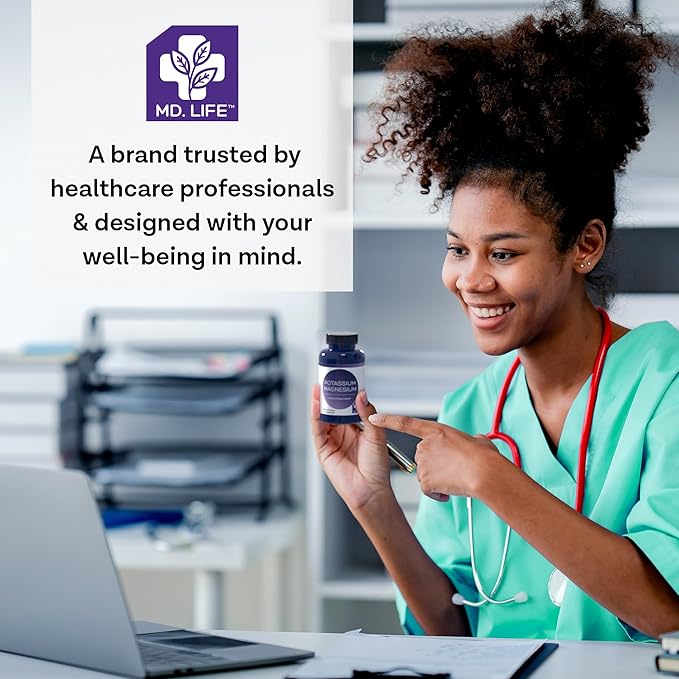 MD. Life Magnesium Potassium Supplement - 90 Capsules - High Absorption Magnesium Complex to Support Vascular Health & Leg Cramp 90cts