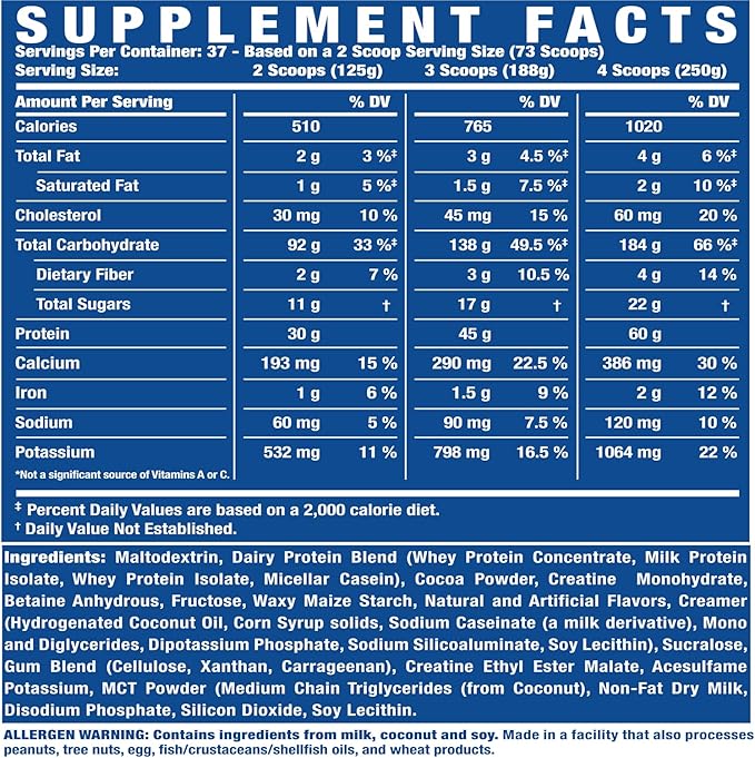 Ronnie Coleman Signature Series King Mass XL Mass Gainer Protein Powder, Muscle Gainer, 60g Protein, 180g Carbohydrates, 1,000+ Calories, Creatine and Glutamine, Dark Chocolate, 10 Pound