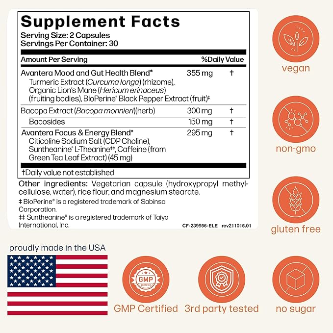 Avantera Elevate Premium Nootropic Supplement - Beat Brain Fog - Best Focus Supplements for Memory & Focus Support - Energy Without Crash - 60 Count Pills for Women & Men