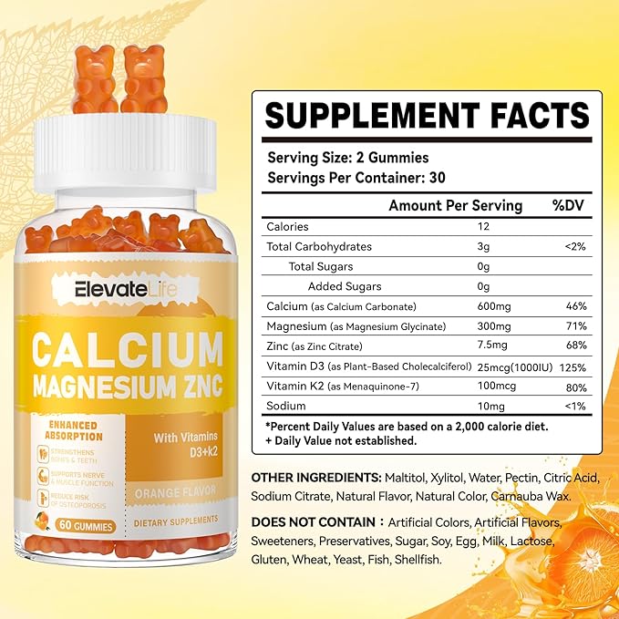 Calcium Magnesium Zinc Gummies with Vitamin D3 & K2 - High Potency Enhanced Absorption -120 Orange Gummies Flavored