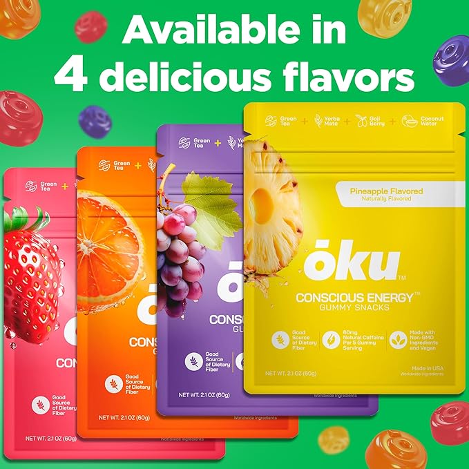 ōku Conscious Energy Gummy Snacks – Natural Caffeine from Green Tea & Yerba Mate, Vegan, Clean Ingredients, Gluten-Free, Focused Energy, Antioxidants & Fiber, Pineapple Pack of 12