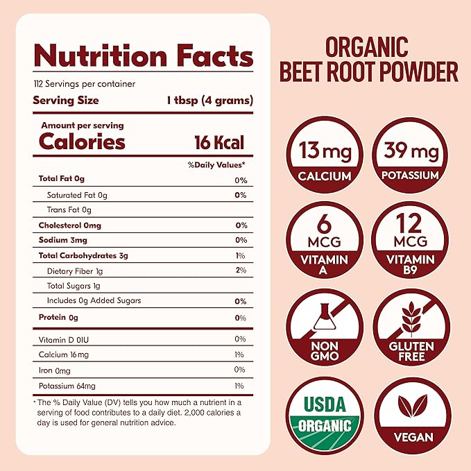 Organic Beet Root Powder, USDA Certified - Nitric Oxide Supplement, Beet Juice Powder Superfood for Healthy Heart, Beetroot Supplement, Beetroot Powder - 112 Servings, 1 lb