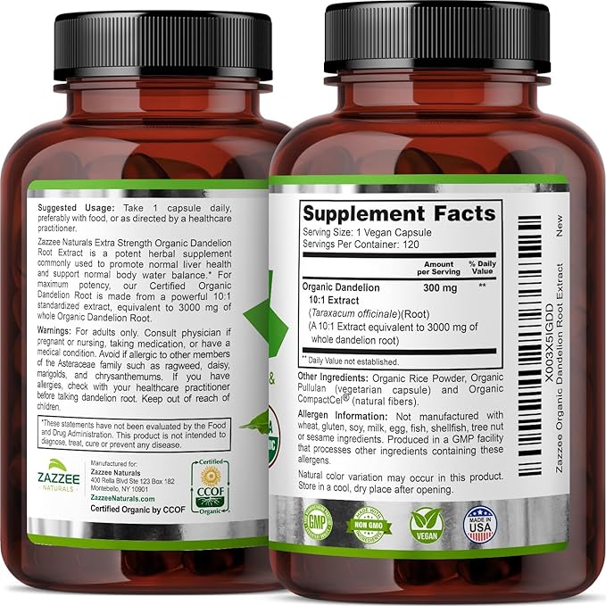 Zazzee USDA Organic Dandelion Root 10:1 Extract, 3000 mg Strength, 120 Capsules, 4 Month Supply, Standardized and Concentrated 10X Extract, 100% Vegetarian, All-Natural and Non-GMO