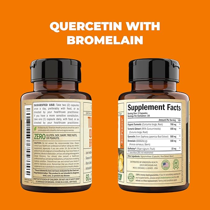 Quercetin with Bromelain Turmeric Supplement - Quercetin 500mg Capsules with Curcumin & Bromelain powder for Allergy & Joint Support. Turmeric Curcumin Bromelain Supplement. 120 Tumeric Caps 2-Pack