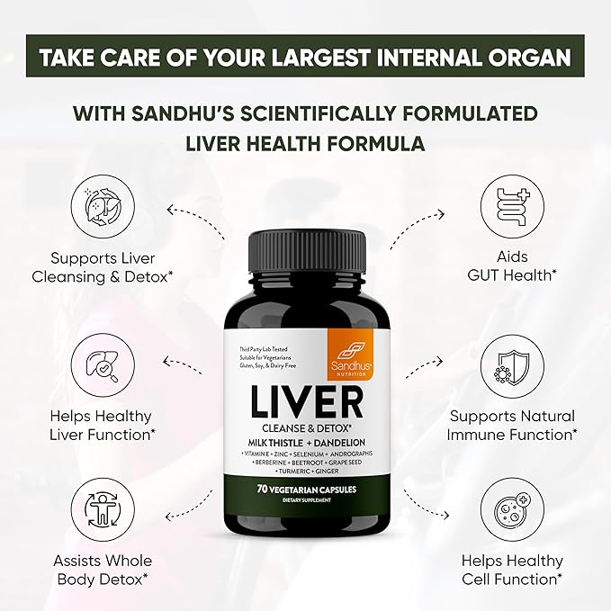 Sandhu's Liver Renew Cleanse Detox, Repair & Support |70 Capsules| 1 Month+ Supply (Pack of 1)| Herbal Supplement for Liver Health| Milk Thistle Dandelion Root with 9 Minerals