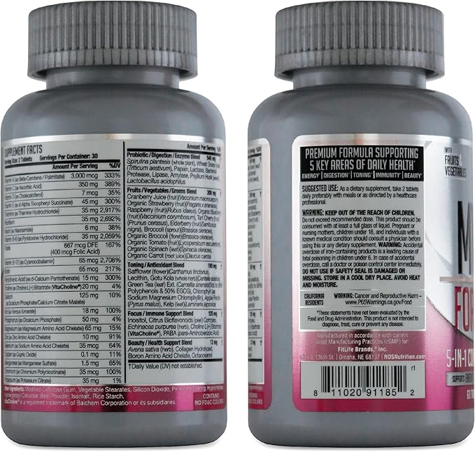 NDS Nutrition MV360 For Women, 5-in-1 Complete Multivitamin for Women with Essential Women’s Vitamins for Energy, Digestion, Toning, Immune Support, & Women’s Health & Beauty, 60 Tablets, 30 Servings