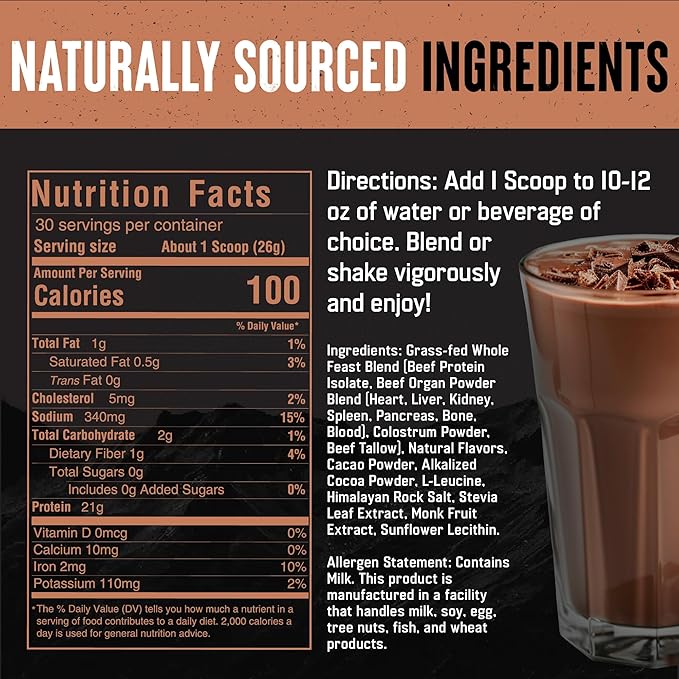 The Fittest Whole Feast Beef Protein Powder - Milk Chocolate - Nose to Tail Carnivore Blend Including Liver, Colostrum and Whole Bone - BCAAs - 14g Collagen, 21g Total Protein