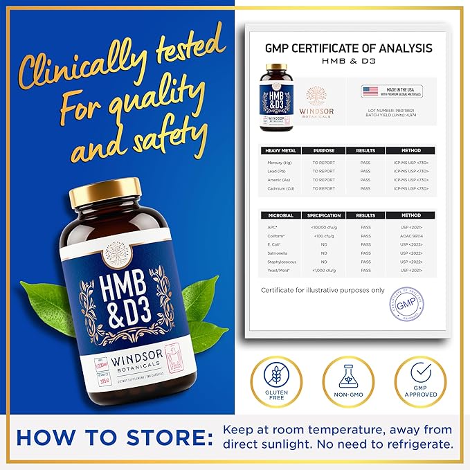 HMB and Vitamin D3 Supplement - B-Hydroxy B-Methylbutyrate 1,000 MG HMB Supplements for Men and Women Plus Calcium, Vitamin D 3 - Muscle Growth, Strength, Performance, Recovery - 90 Days, 180 Caps.