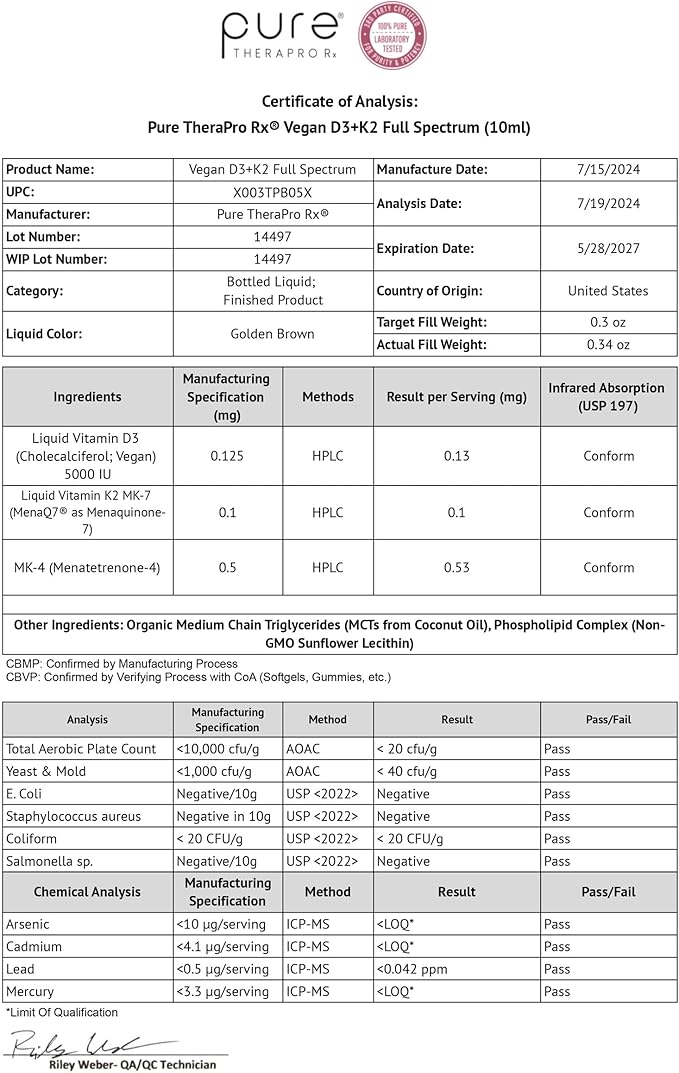 Pure Therapro Rx Vegan Vitamin D3 + K2 Liposomal Supplement | 90 Servings | Maximum Absorption Liquid Vitamins D3 5000 IU and K2-10 for Men and Women - 10 mL