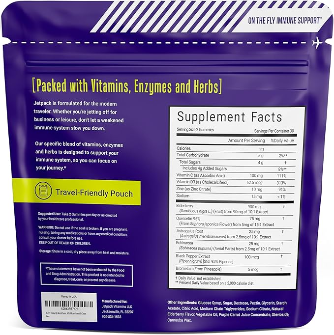 Travel Essential, Immune and Stress Support Gummy, Elderberry, Vitamin C, D, Zinc, Echinacea, Astragalus, Quercetin, Bromelain, Travel Immunity, Flight Essentials, 60ct