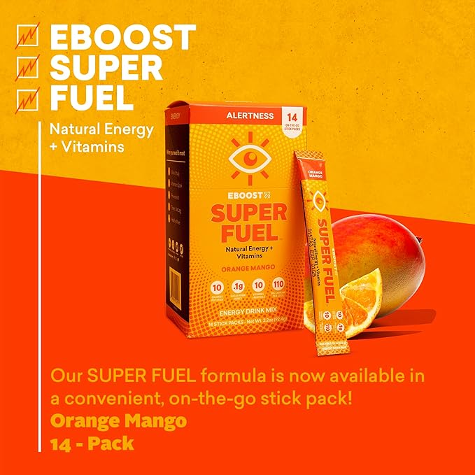 EBOOST Energy Drink Powder, Super Fuel - Orange Mango, 14 Packets - Pre-Workout Powder Energy Drink Mix - Natural Energy, L-Tyrosine, L-Theanine & Vitamins - Preworkout for Women & Men to Go