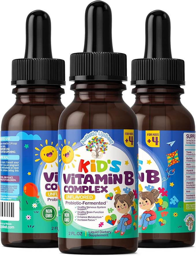 Autistic UpBeat: Kid's Vitamin B Complex | Kid-Friendly Drops | Unlfavored | B1, B2, B3, B6, B7, B9 & Methyl B12 | Brain Function, Focus, Metabolism | Kids B Complex Liquid Drops Supplement