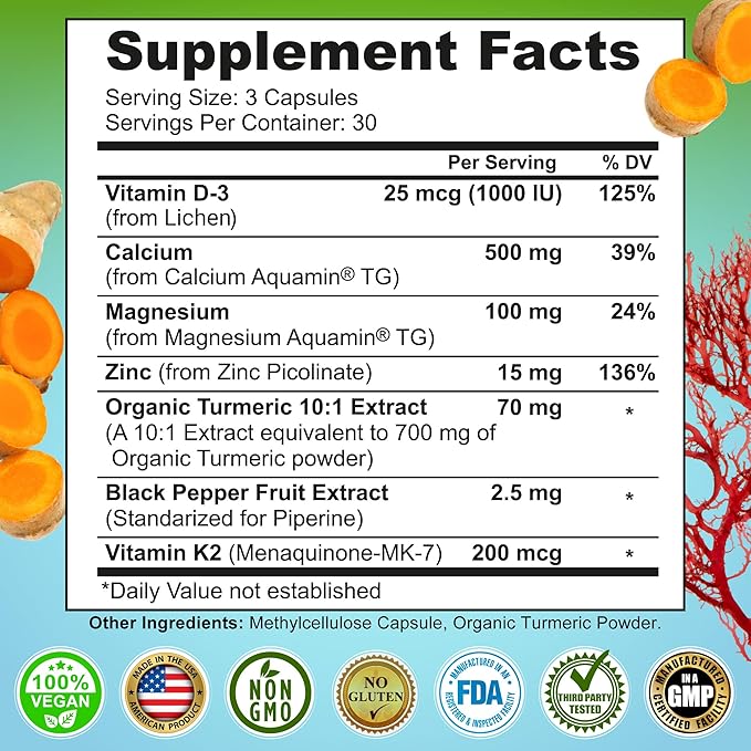 Plant-Based Calcium 500mg (Aquamin) - Vegan Calcium Magnesium Zinc D3 + Vitamin K2, Organic Turmeric & BioPerine - Supports Enhanced Bone Health & Strength for Women and Men - 90 Count