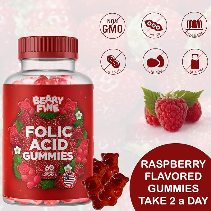 Folic Acid Gummies 400mcg - Essential Prenatal & Pregnancy Gummy for Women, Moms & Baby to Be - 60 Raspberry Flavored Folate Gummy Vitamins - Made in The USA