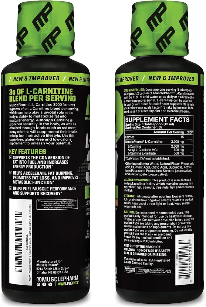 Muscle Pharm L-Carnitine 3000, The Ultimate Liquid L Carnitine Supplement for High-Performance, Supports Metabolism, Hydration & Energy, Zero Sugar/Calories, Peach Nectarine Flavor, 32 Servings