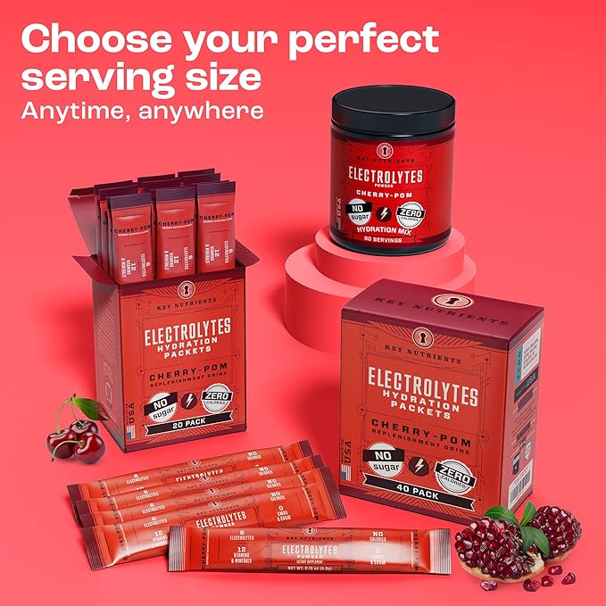 KEY NUTRIENTS Multivitamin Electrolytes Powder Packets - Sweet Cherry-Pom 40 Pack Hydration Packets - Travel Hydration Powder - No Sugar, No Calories, Gluten Free - Made in USA