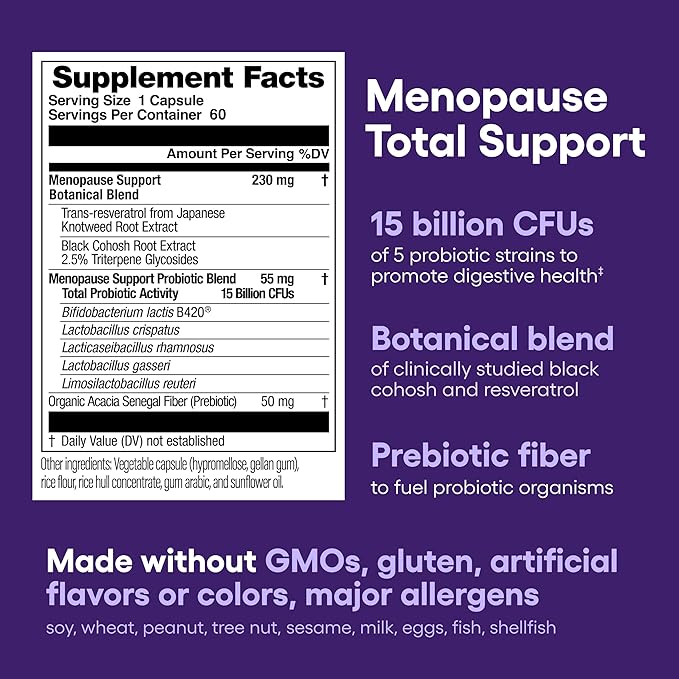 Physician's CHOICE Menopause Probiotic Supplement for Women - Supports Hormone Balance, Hot Flashes, Night Sweats, Weight Management, Bloating & Gut Health - with Black Cohosh, Resveratrol+ - 60ct