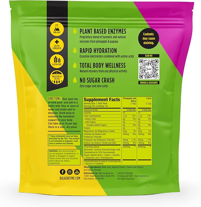 BALA Hydration Turmeric Drink Mix Packet | Sugar-Free Electrolyte Powder, Muscle Recovery, Immune Support, Joint Relief | Plant-Based Enzymes, Bromelain -Variety 1 Count (Pack of 30)
