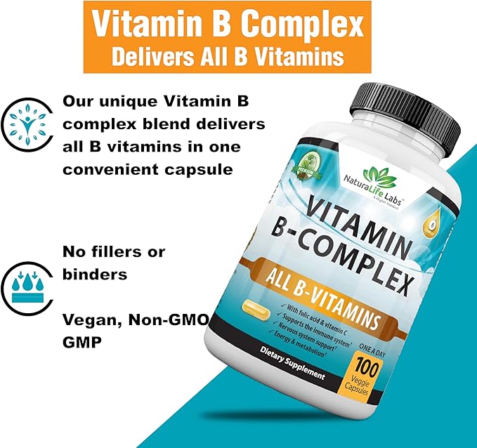 NaturaLife Labs A Higher Standard Vitamin B Complex with Vitamin C and Folic Acid - B12, B1, B2, B3, Vitamin B5 Pantothenic Acid, B6, B7, B9 - Nervous System Support 100 Veggie Capsules