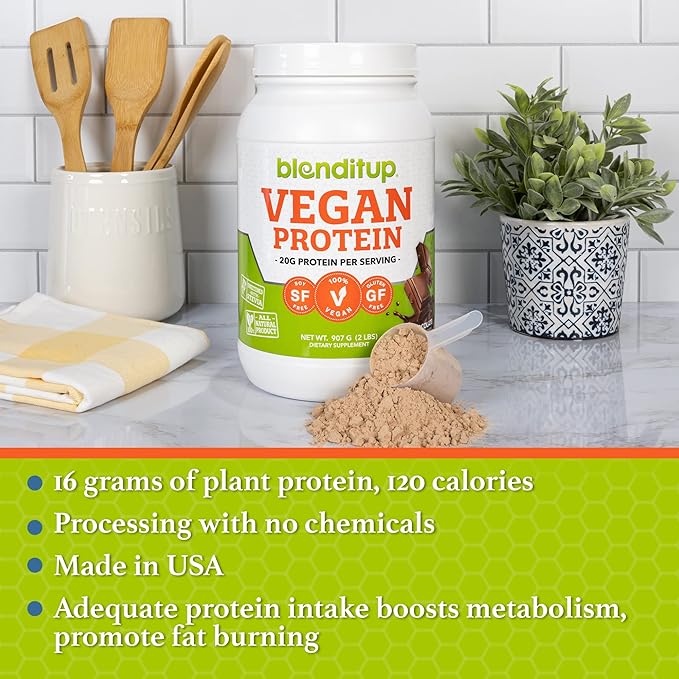 BlendItUp Chocolate Vegan Plant Protein Powder | Non GMO, Gluten Free | 20 G of Protein Per Scoop, 28 Servings | 4 Net Carbs
