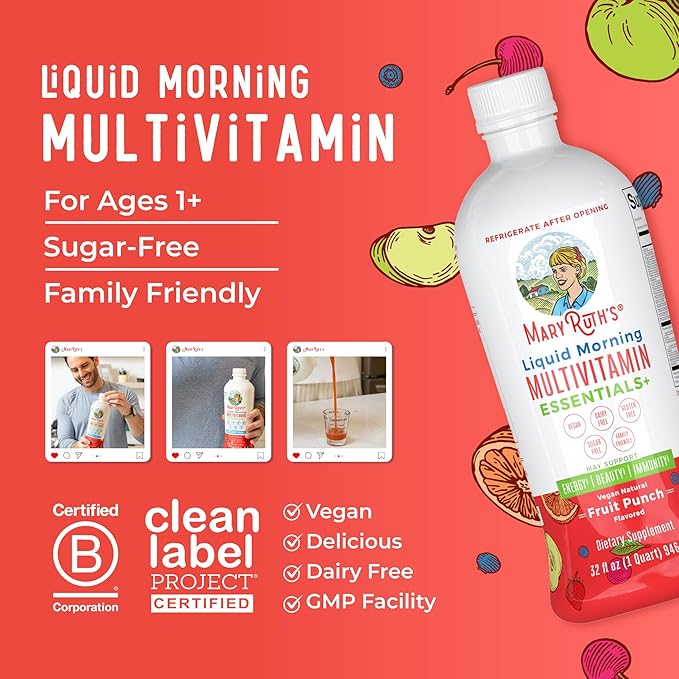 MaryRuth's Multivitamin for Women Men & Kids | Sugar Free | Vegan | Vitamin A, C, D, E, B12, Zinc | Daily vitamins for Kids, Mens, Womens Multivitamin | Energy & Beauty Booster Multimineral | 32 Fl Oz