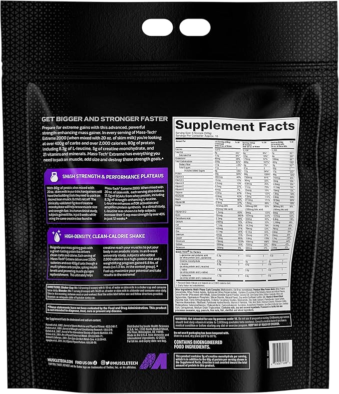 MuscleTech Mass Gainer Protein Powder, Mass-Tech Extreme 2000, Muscle Builder Whey Protein Powder, Protein + Creatine + Carbs, Max-Protein Weight Gainer for Women & Men, Triple Chocolate, 20 lbs