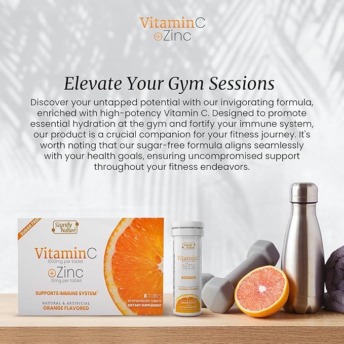 SIGNIFY NATURE Vitamin C 1000mg Effervescent Tablets - Potent Immune Support VIT C with Zinc Supplement - Sugar-Free & Vegan Formula | Dissolvable Vitamin C Tablets - Water Soluble Fizzy Elixir - 80CT