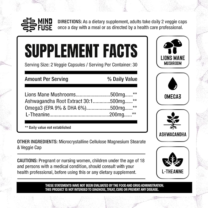 Nootropic Memory Booster Supplement for Adults - Lion’s Mane Capsules with Omega-3, Ashwagandha & L-Theanine for Focus & Memory - Gluten-Free 60 Capsules