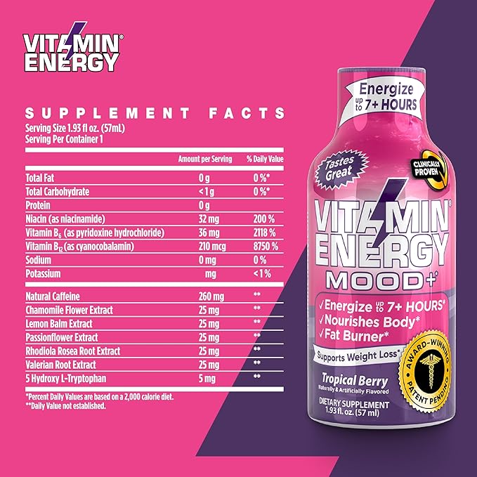 Mood Support Vitamin Energy Drink - Sugar Free, Keto/Vegan Friendly Shots | Mood Balancing with Rhodiola and Chamomile | Energize up to 7+ Hours | Tropical Berry - 1.93 Fl Oz - Pack Of 4