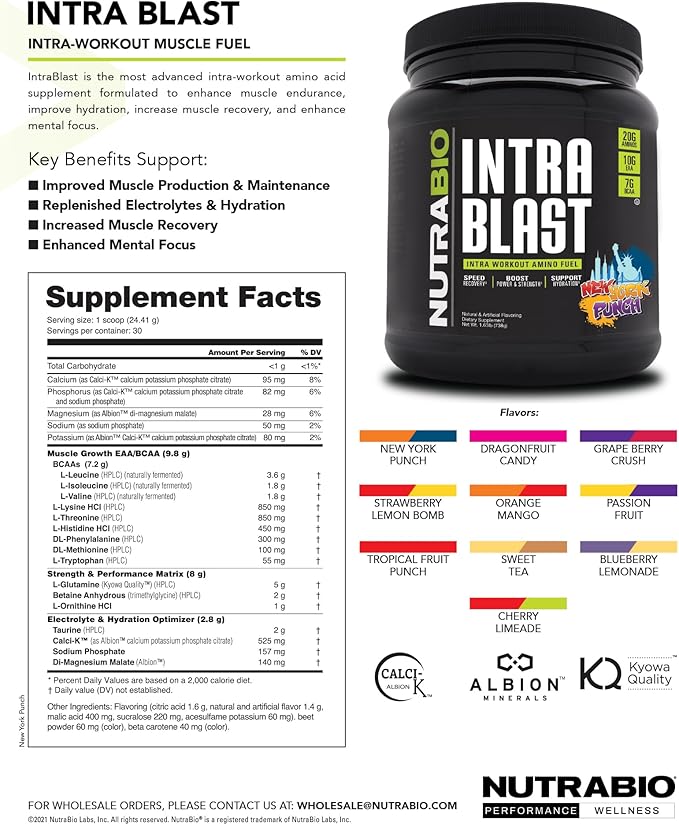 NutraBio Intra Blast BCAA EAA Electrolyte and Hydration Powder - Amino Acid Supplement, EAA/BCAA Powder - Non-GMO and Gluten Free - Blueberry Lemonade - 30 Servings