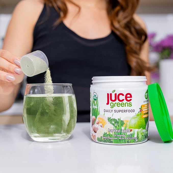 JUCE Green Superfood Powder, Organic Fruits and Veggies Supplement W/ 77 Superfoods Plus Prebiotic Probiotic Blend, Harvest Apple Flavor - 20 Servings (230 g)