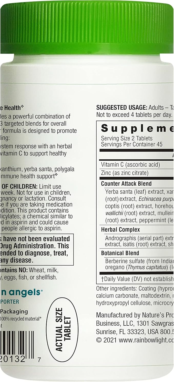 Rainbow Light Counter Attack Immune Support, Dietary Supplement Provides Immune Support, With Vitamin C, Zinc and 3 Targeted Herbal Blends, Vegan and Gluten Free, 90 Count