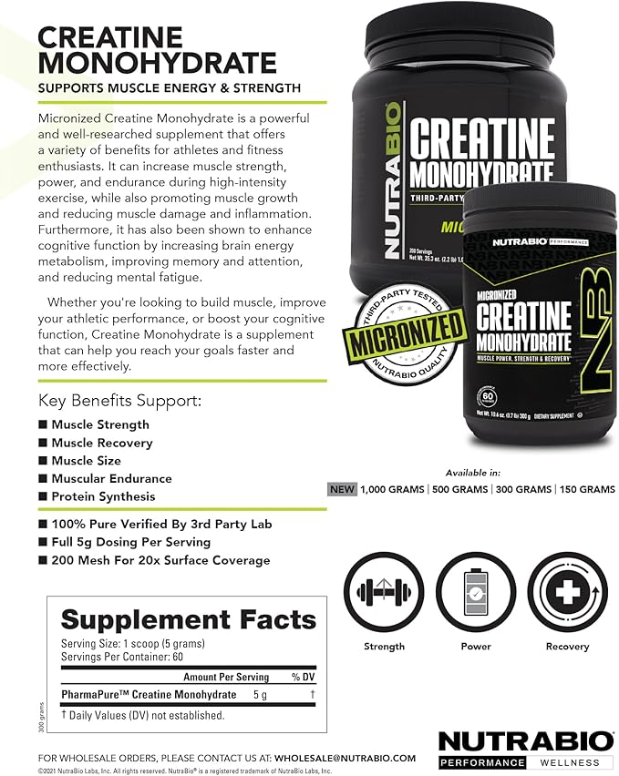 NutraBio Pure Creatine Monohydrate Powder Supplement, Unflavored, (300 g) - Supports Bulk Muscle Energy, Recovery, and Strength - HPLC Tested Pure Grade Creatine Powder Supplement for Men and Women