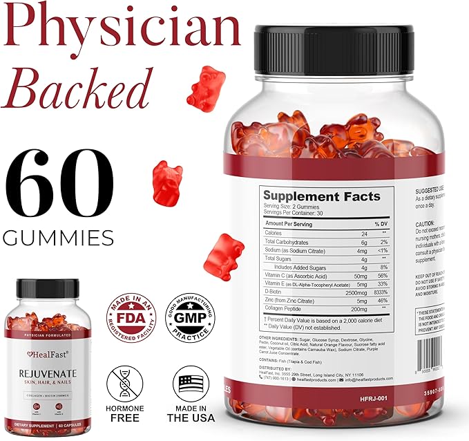 Rejuvenate Vitamin and Mineral Gummy Supplement - Collagen Gummies + Vitamins, Biotin, and Zinc - Anti Aging Beauty & Skin Supplement Clinically-Studied & Physician Formulated - 60 Count