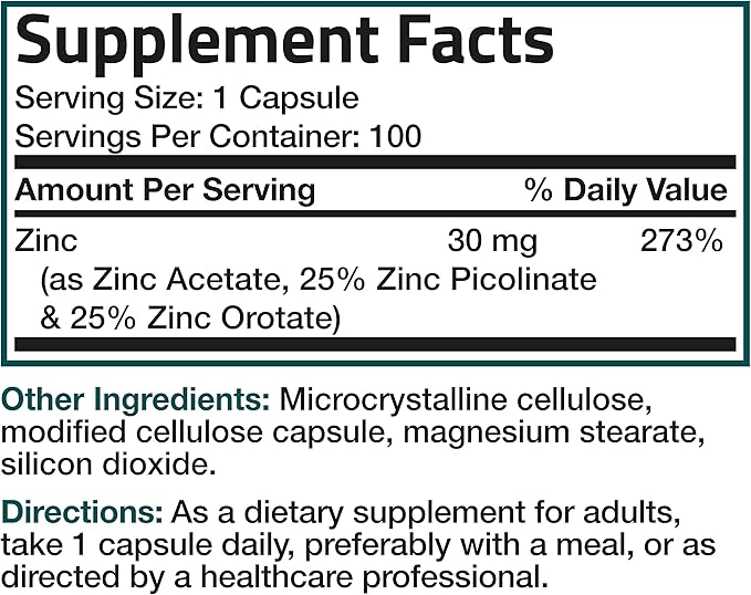 Bronson Zinc Triple Play 30 mg Triple Coverage Immune Support Zinc Supplement with Zinc Acetate, Picolinate & Orotate - Immune, Antioxidant & Skin Health Support - 100 Vegetarian Capsules