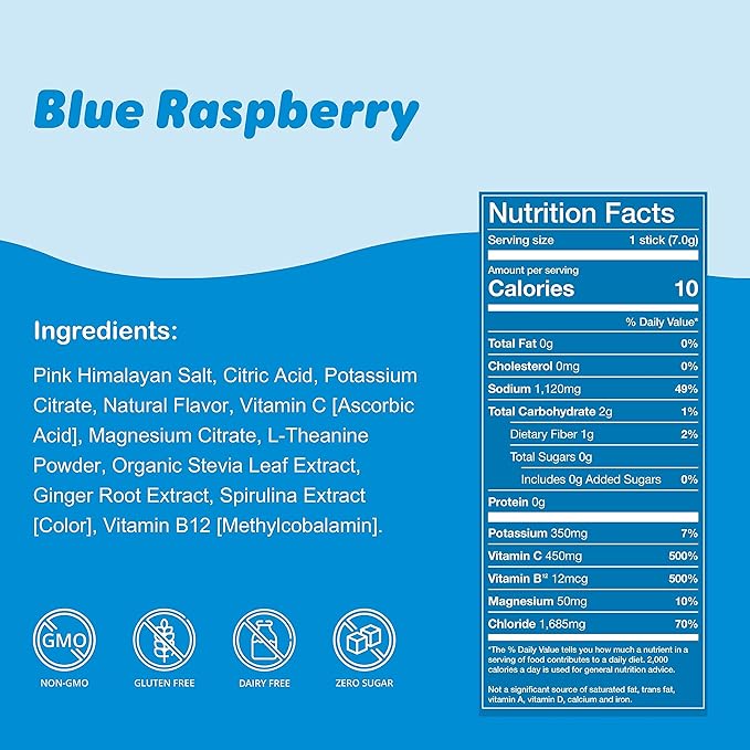 Waterboy Weekend Recovery | 3,200mg Electrolyte Powder Packets | Ginger + L-Theanine + Vitamins | No Sugar, All Natural, Gluten Free | 24 Drink Stick Mixes (Blue Raspberry)